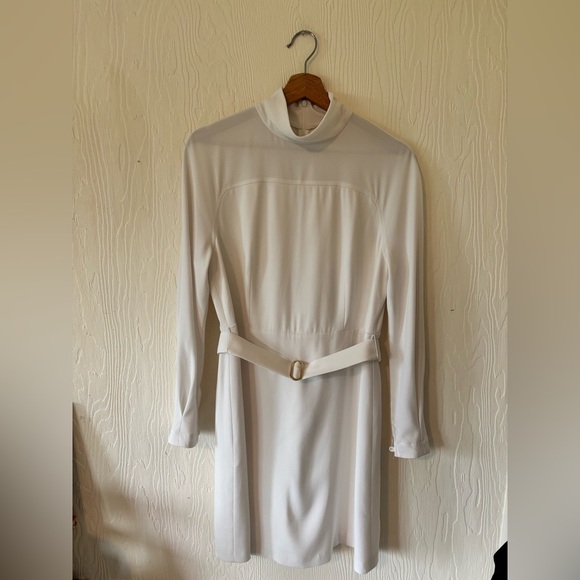 Judith and Charles White Long Sleeve Mock Neck Belted Bridal Holiday Mini Dress - Picture 14 of 16